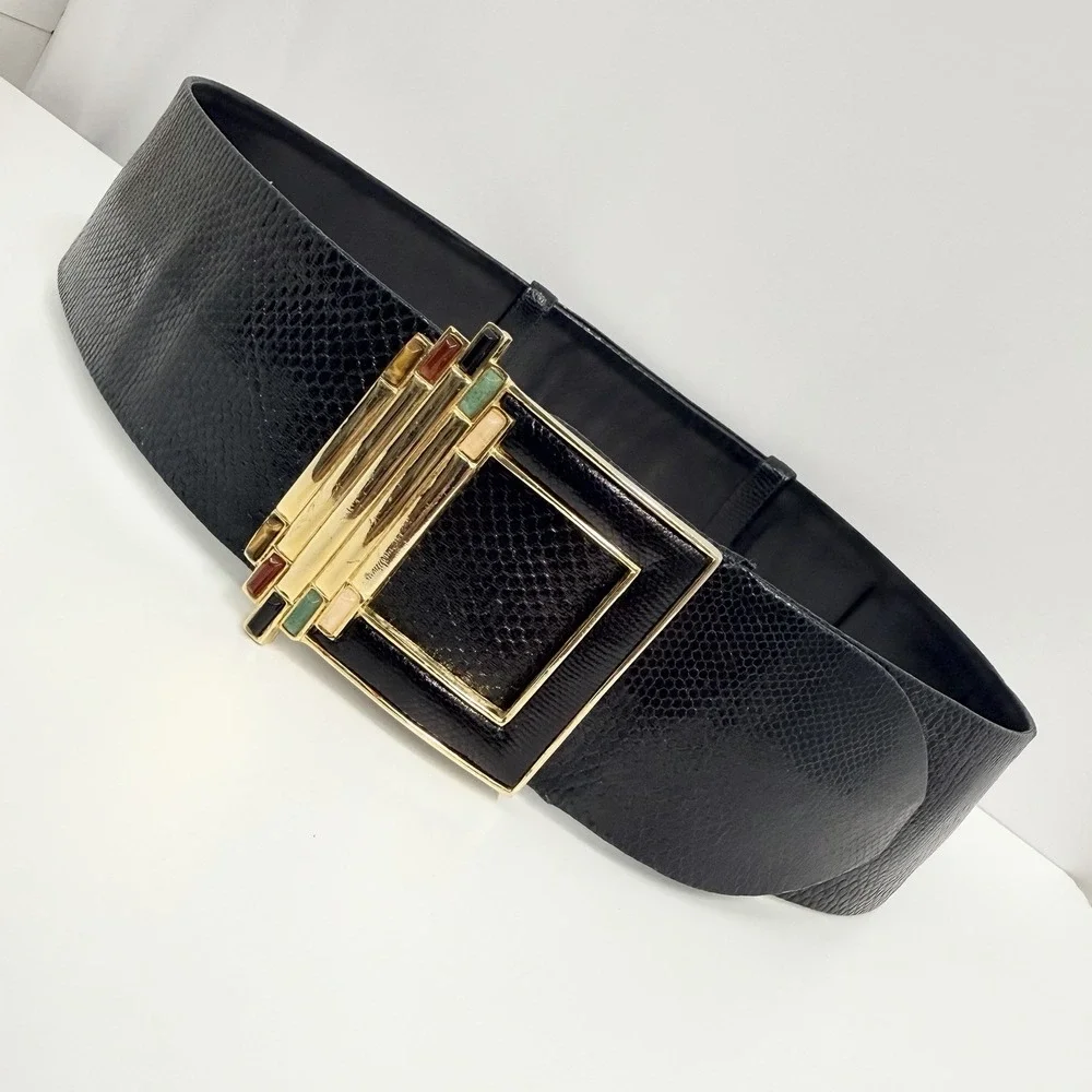 Vintage Judith Leiber Karung Belt Wide Black Multi Gemstone Buckle Adjustable